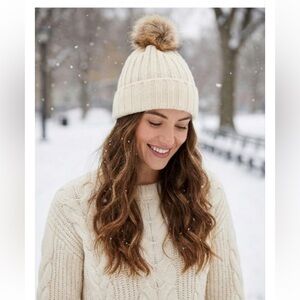 J.crew Cream Ribbed Knit Beanie Hat Faux Fur Pom Pom Winter Ski Ivory